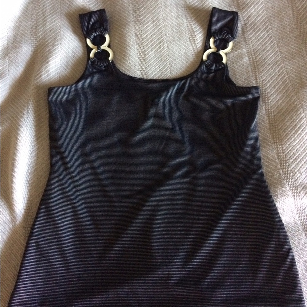 Tank top with white pinstripes and metal accent.