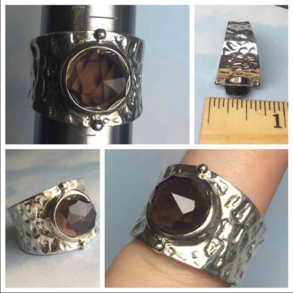 925 HEAVY HAMMERED SMOKY QUARTZ ESTATE RING