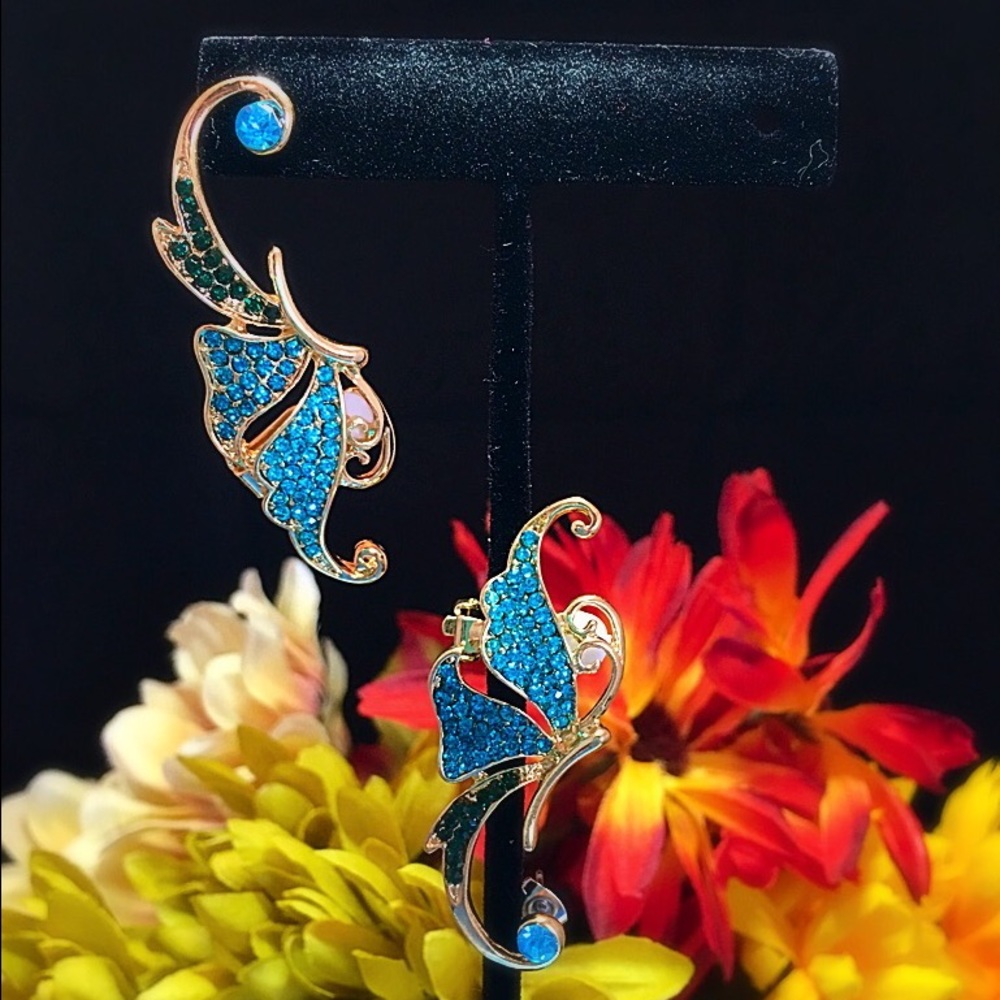 Blue/Green Austrian Crystal ButterflyCuff Earrings