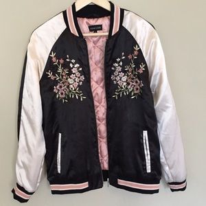 Satin embroidered quilted bomber jacket