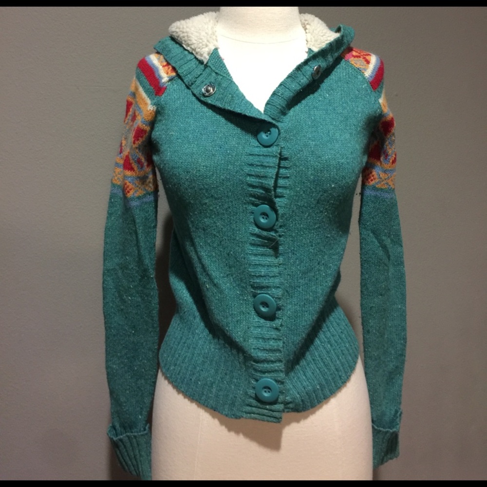Turquoise Aztec button-up w/hood