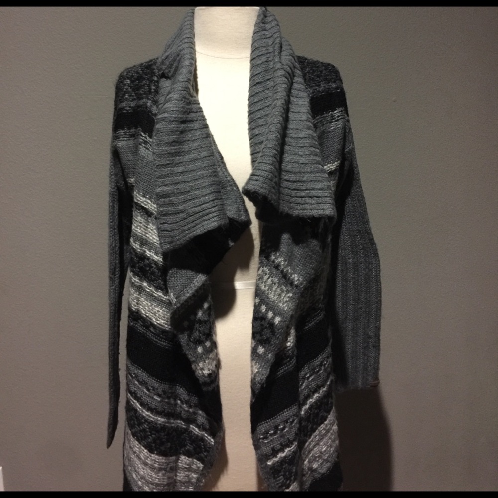 Gray, black and white draped cardigan