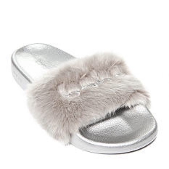 Bebe silver grey Slide Sandal Slipon flip Fur NEW - Picture 4 of 7