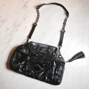 Rachel Zoë Sequined Lamb Leather Trim Shoulder Bag