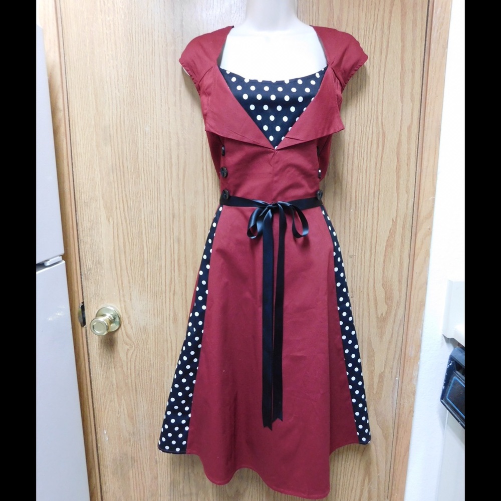 Burgundy Rockabilly Dress W/Dots-Buttons & Belt