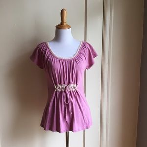 Mauve Anthropologie Top with Lace Trim and Tie