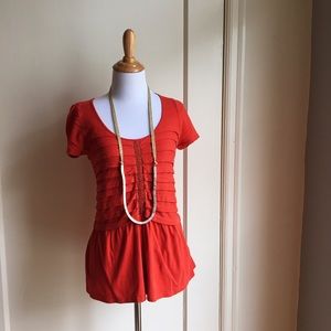 Red Anthropologie Short Sleeve Top with Pleating Red Anthropologie Short Sleeve Top with Pleating