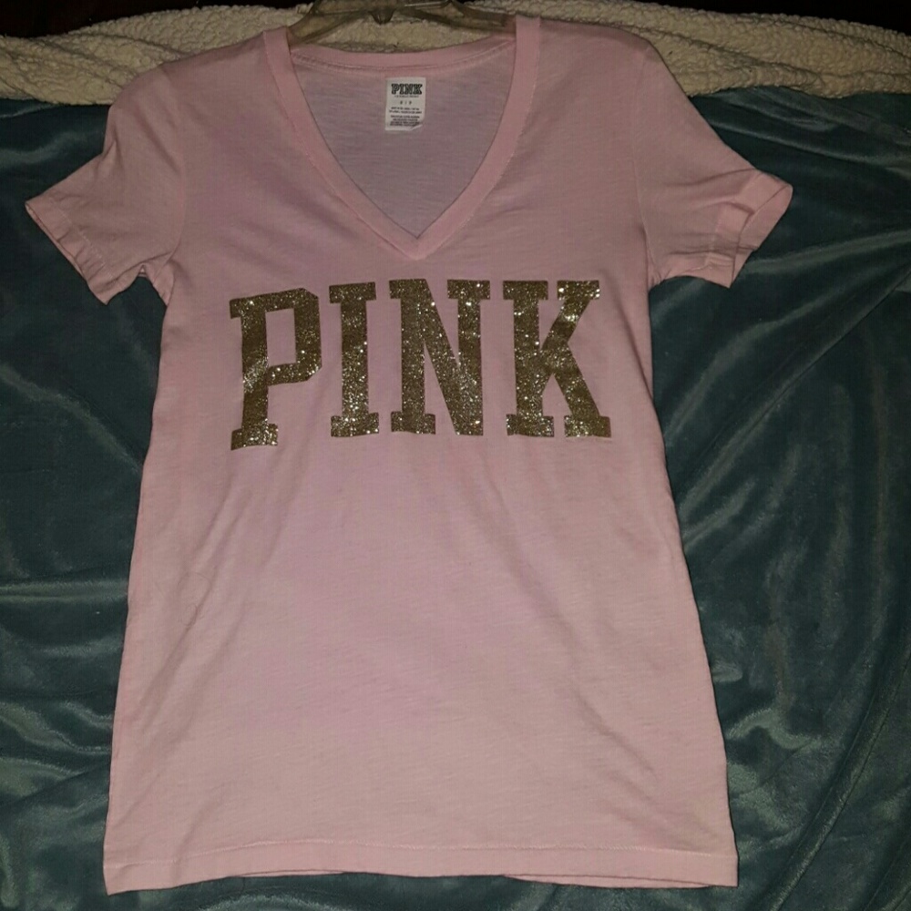 PINK VICTORIA SECRET VNECK TEE SZ SMALL
