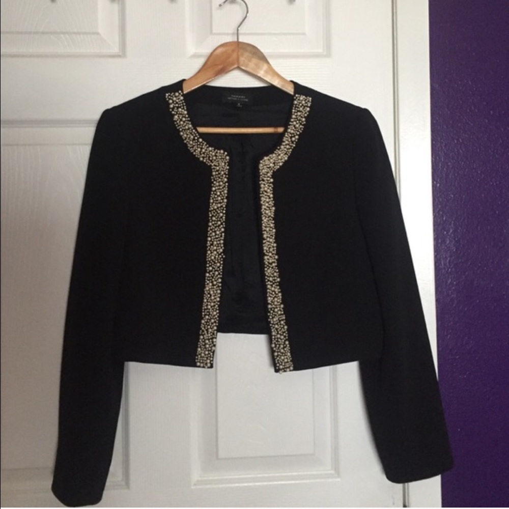 Tahari pearl trim embellished black shrug jacket