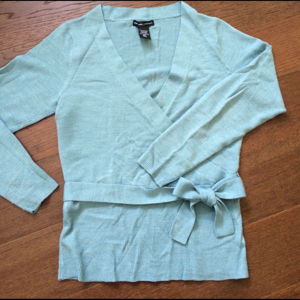 Light Blue Belted Wrap Sweater