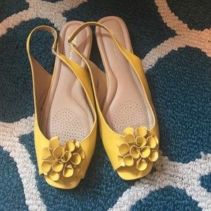 Yellow kitten heel wedges