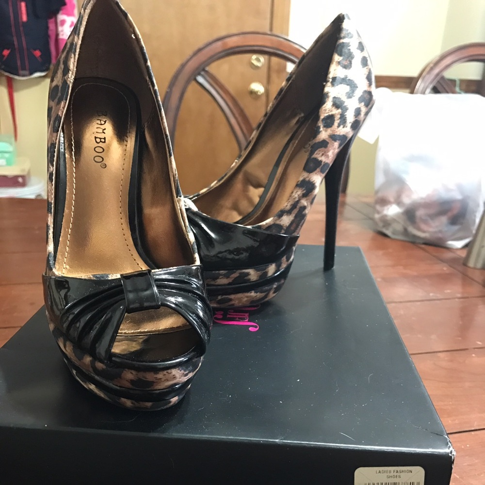Open toe leopard print silk heels by justfab