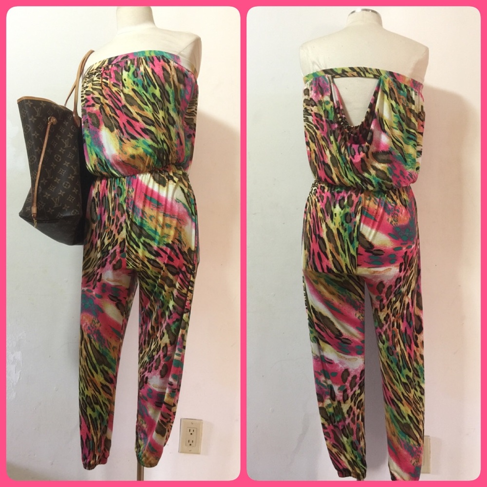 🌺🌿Multicolor Leopard Print Strapless Jumpsuit🌺🌿