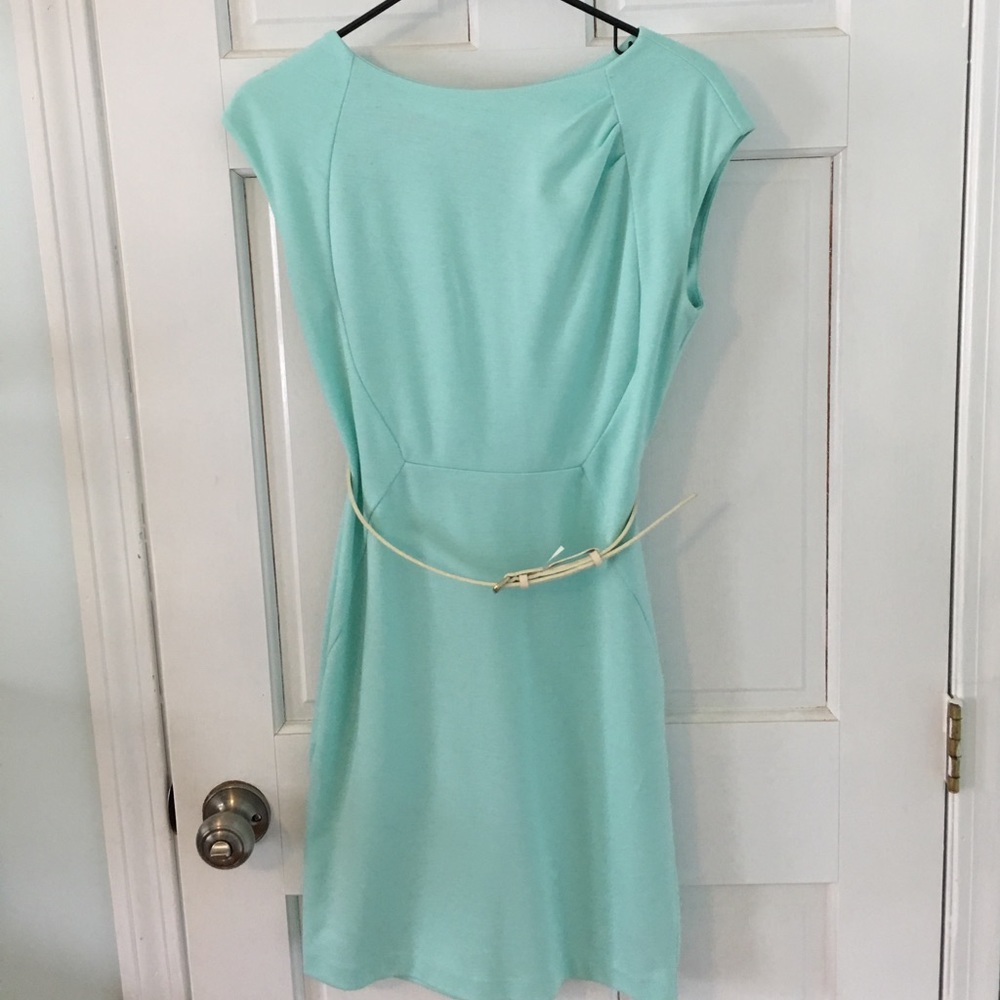 Tiffany blue dress with cream colored skinny belt