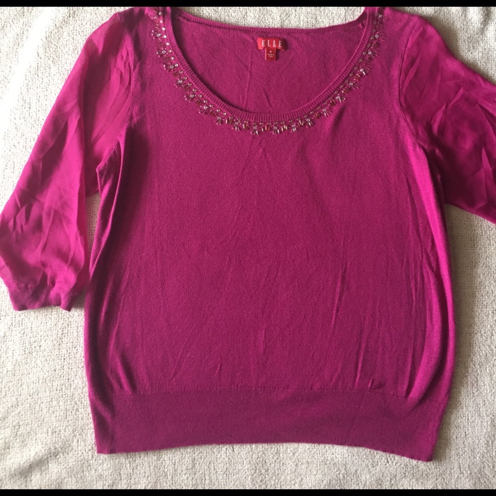 Elle Plum Beaded Sweater with sheer sleeves