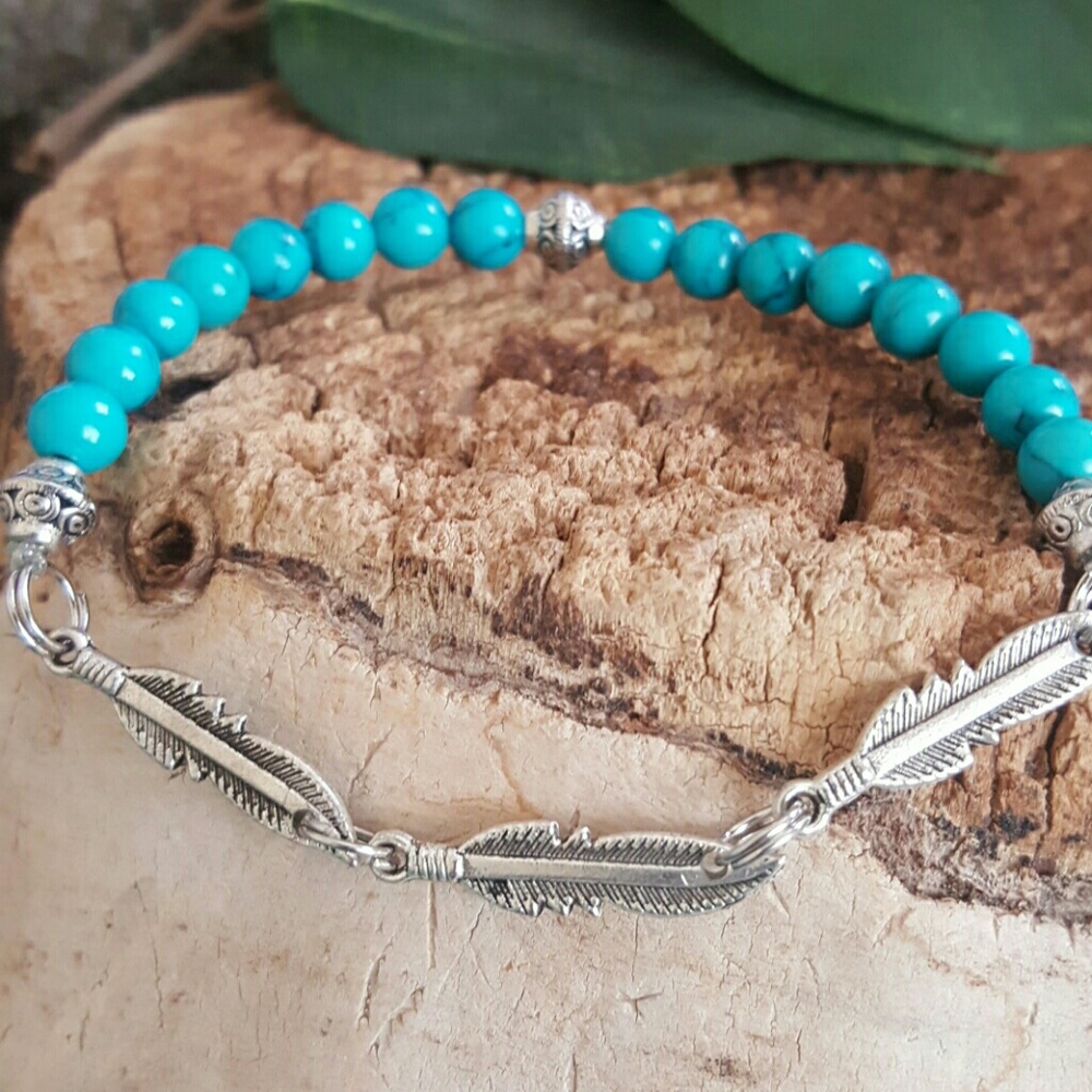 3 feather turquoise gemstone bracelet sz small 6.5