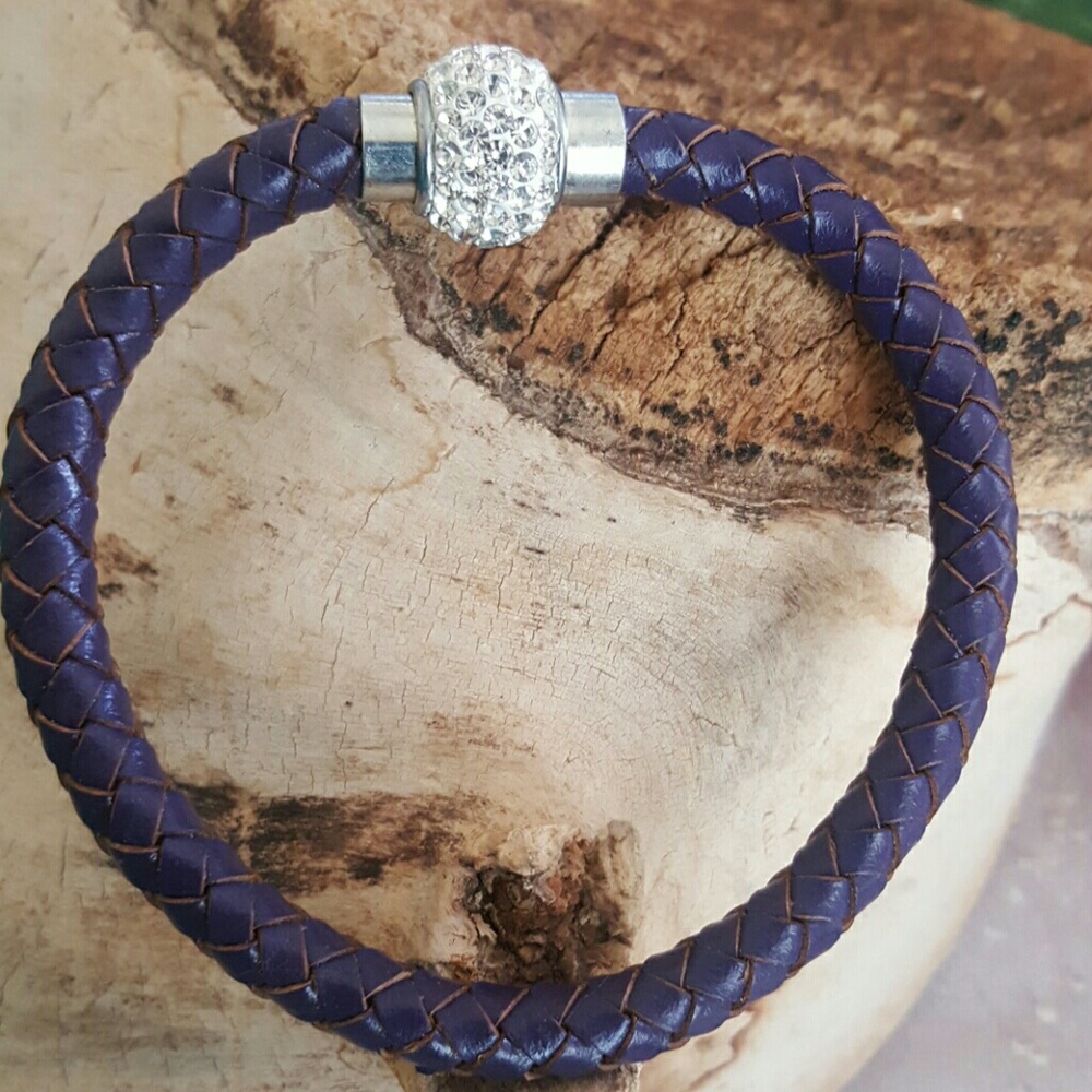 Cz pave purple braided leather magnetic bracelet