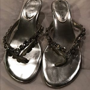Silver and rhinestone kitten heel sandals