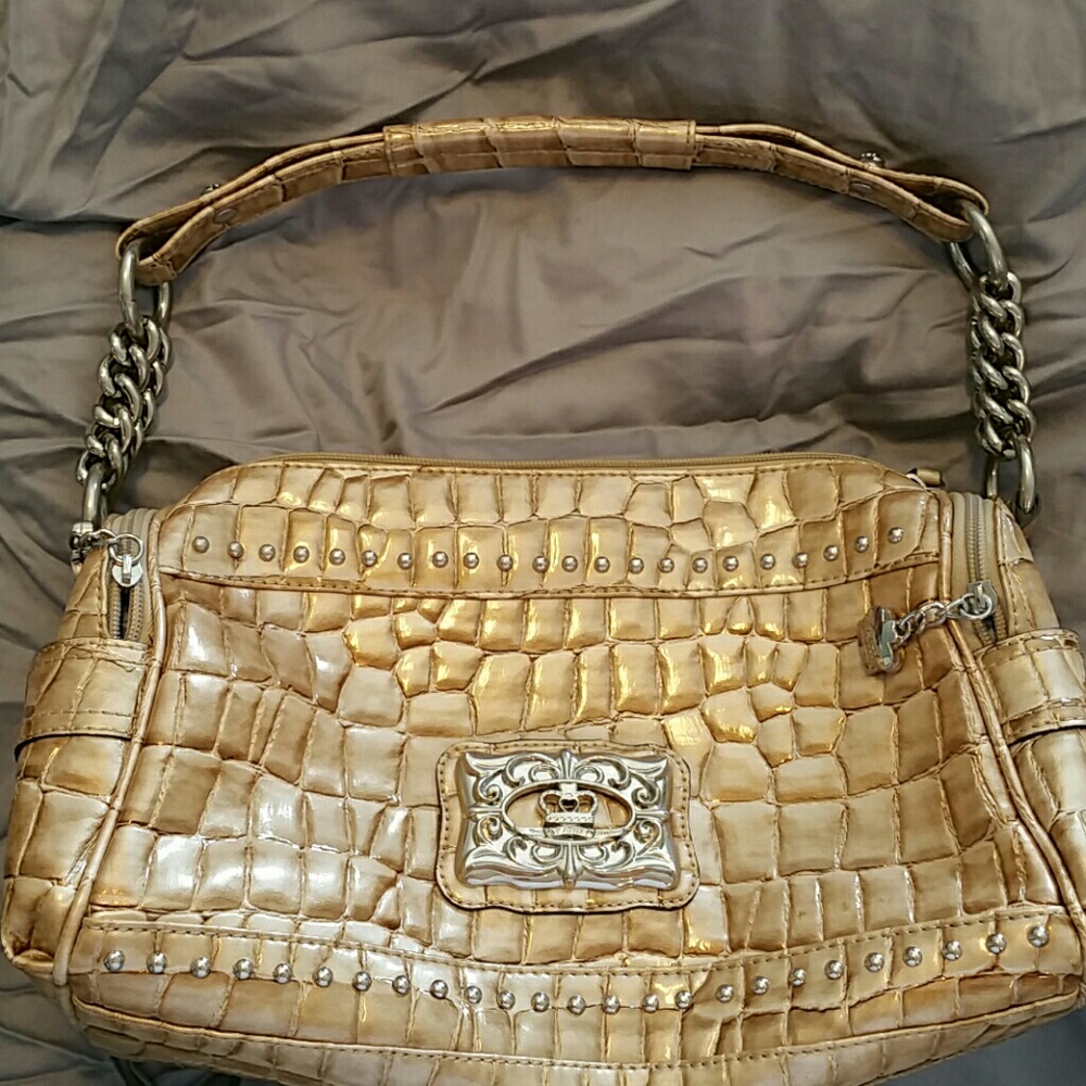Kathy van Zeeland champagne faux croc satchel