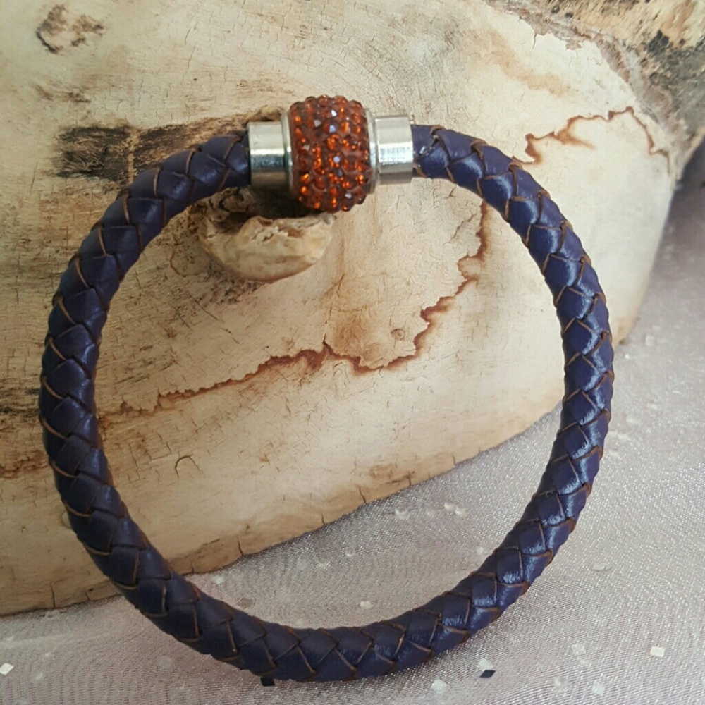 Cz pave amber braided leather magnetic bracelet