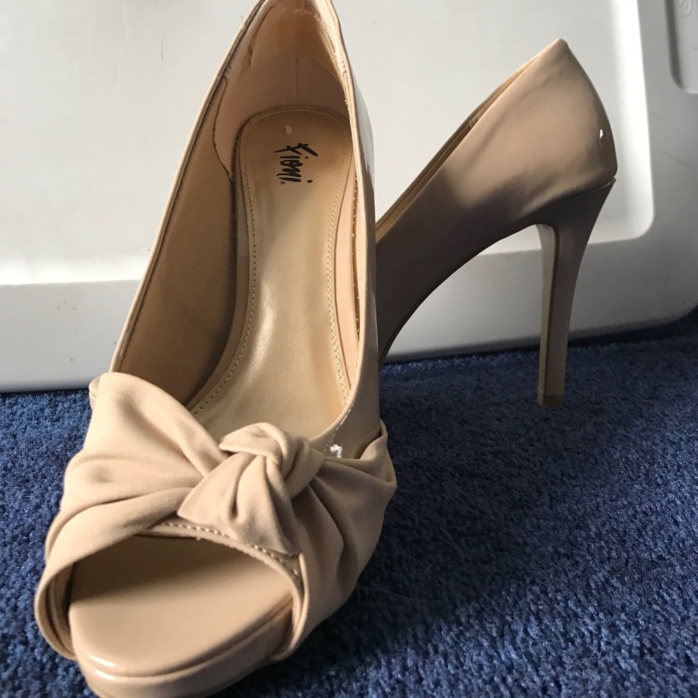 Beige open toe platform heels