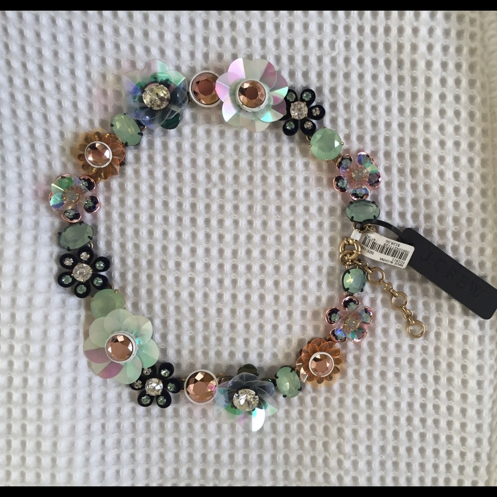 J Crew crystal flower necklace -- navy and peach
