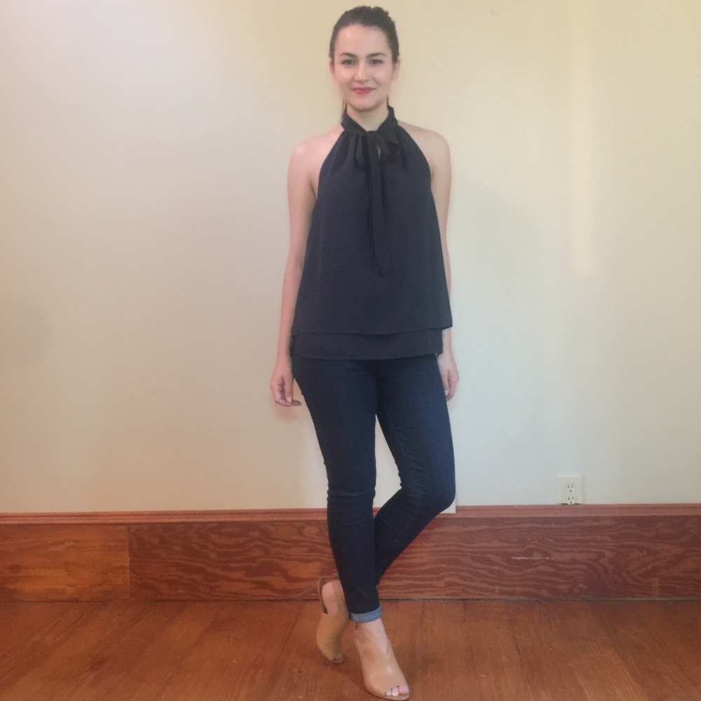 Navy Banana Republic High Neck Blouse