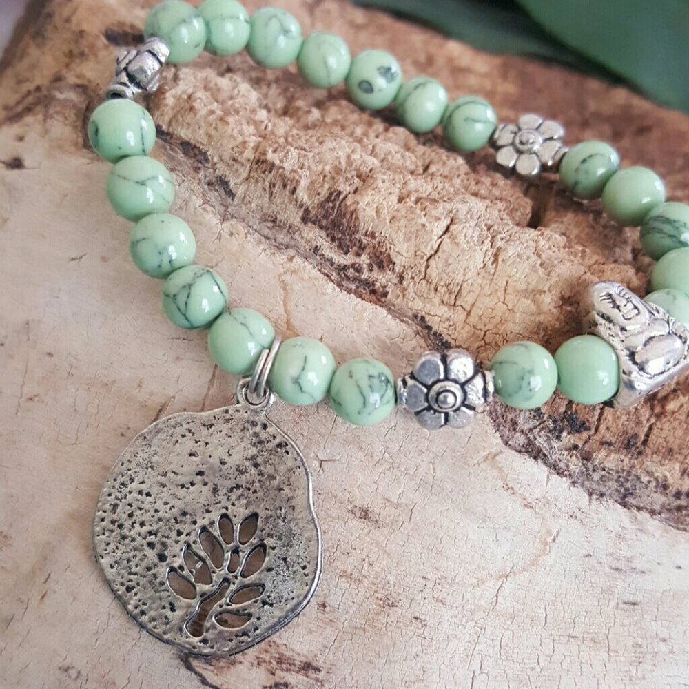 Silver tree of life Buddha flower beaded bracelet