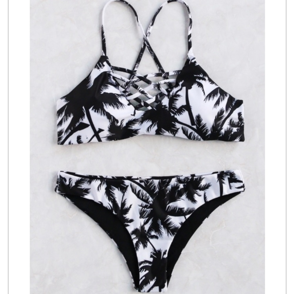 Black and white palm tree print bikini