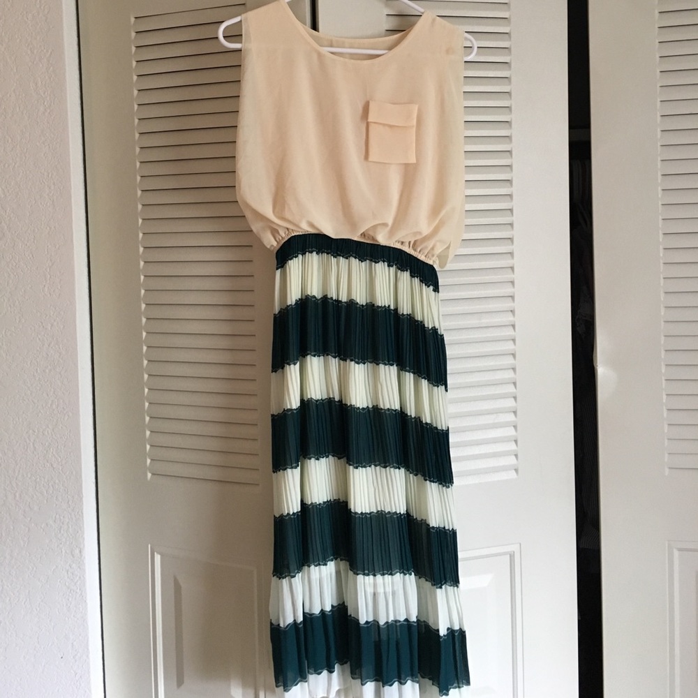 Midi length dress - cream with green/white stripes