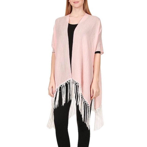 Pink Back Lace Trim Fringe Kimono Vest - Picture 2 of 3