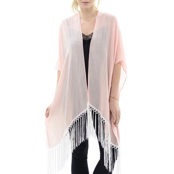 Pink Back Lace Trim Fringe Kimono Vest - Picture 3 of 3