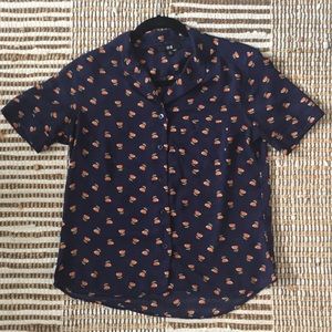 Blue Uniqlo Short Sleeve Flower Print Blouse