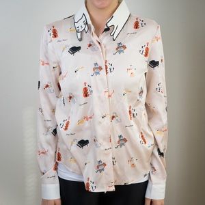 Cat Collar Print Button Up Blouse
