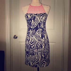 Navy & white dress w pink detail around neckline