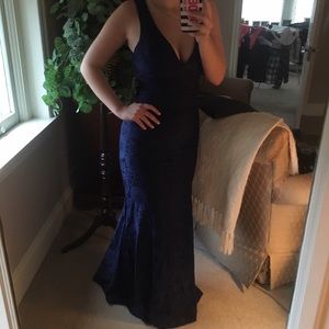 Navy blue lace prom dress
