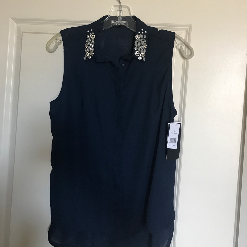 Navy top with jewel embellished collar NWT