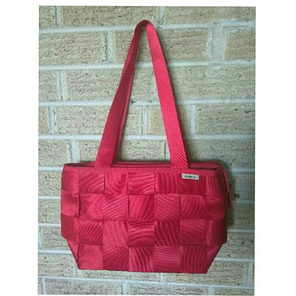 Comely red woven seat belt tote bag