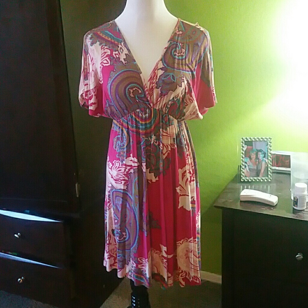Hot pink paisley dress casual and comfortable.