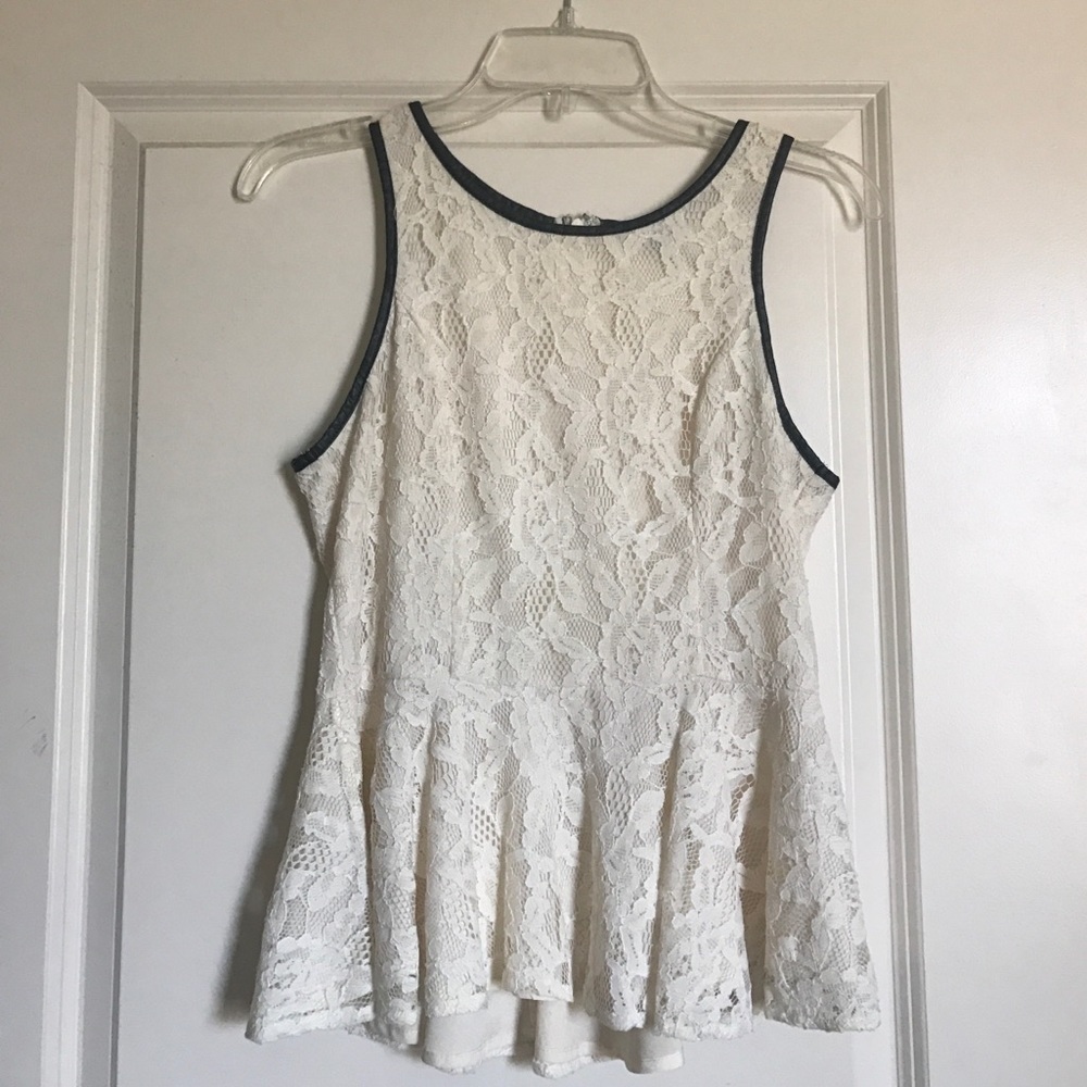 White lace peplum top with leather trim