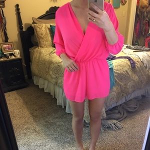 Hot pink neon v neck romper long sleeves