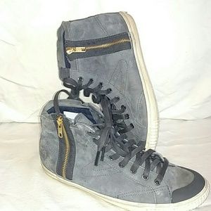 Gray suede Tretorn hightop casual sneaker