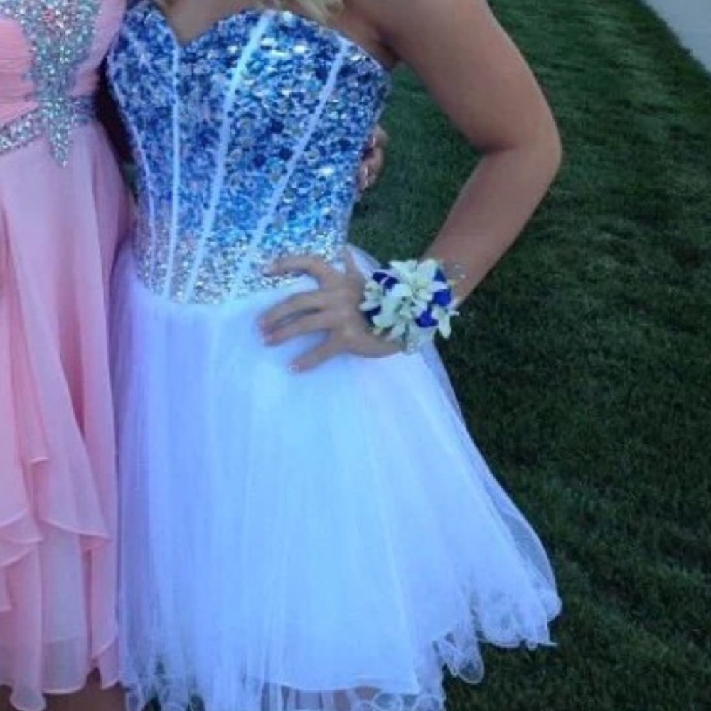 Blue and white beaded dress