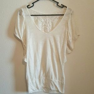 MUST GO-Ivory Heathered Crochet Back Top