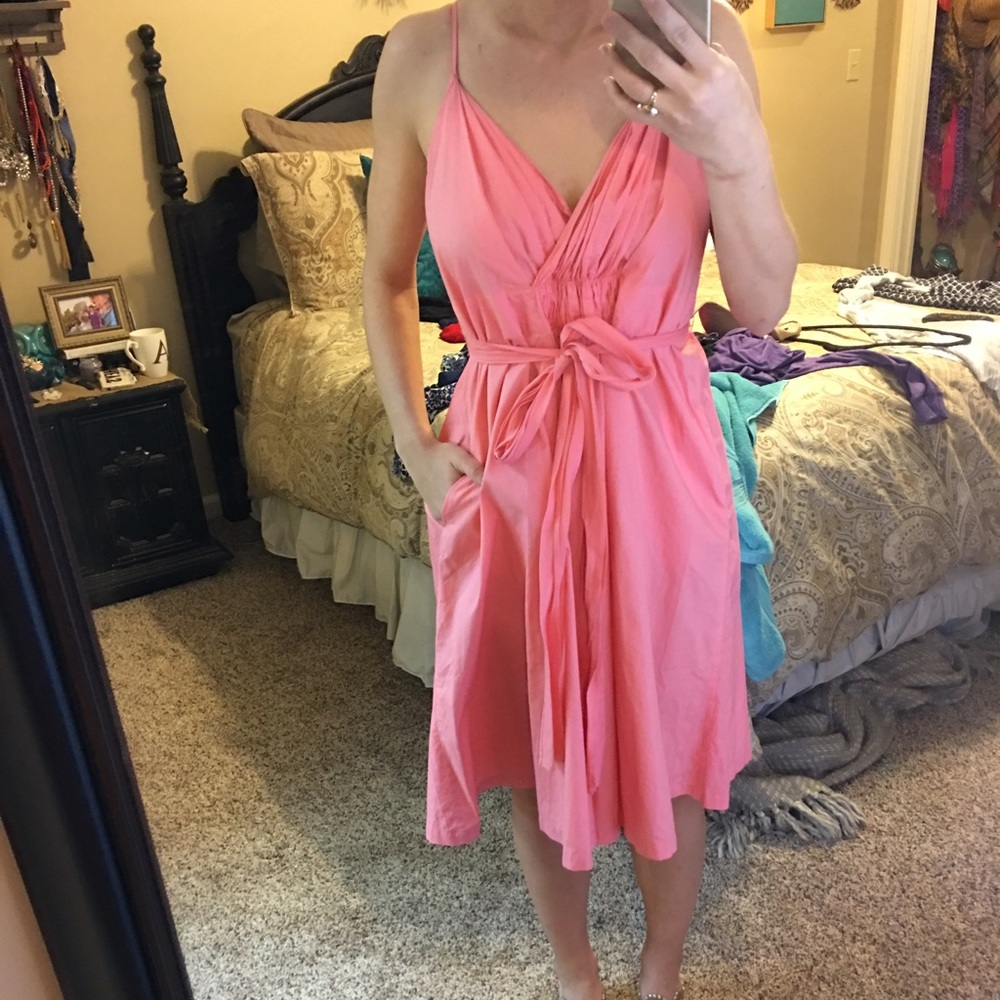Peach pink deep v gap midi dress with pockets