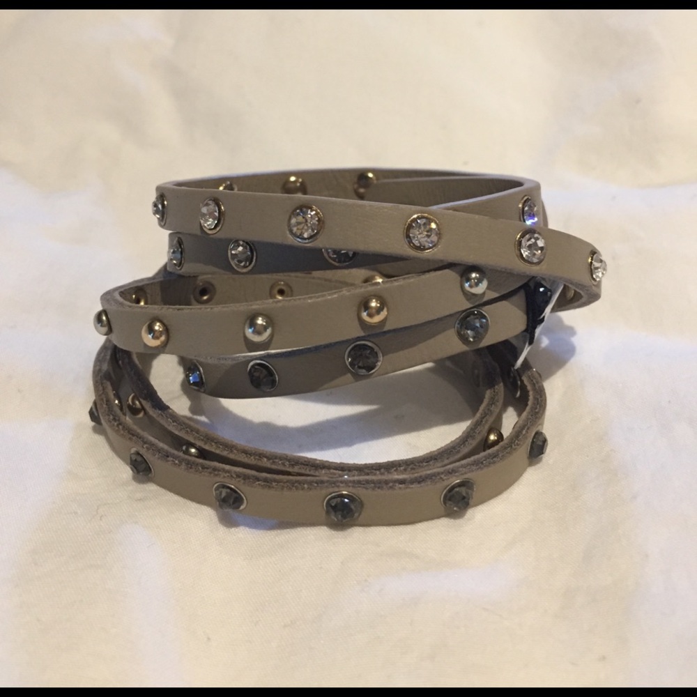 Gray Studded Leather Wrap Bracelet