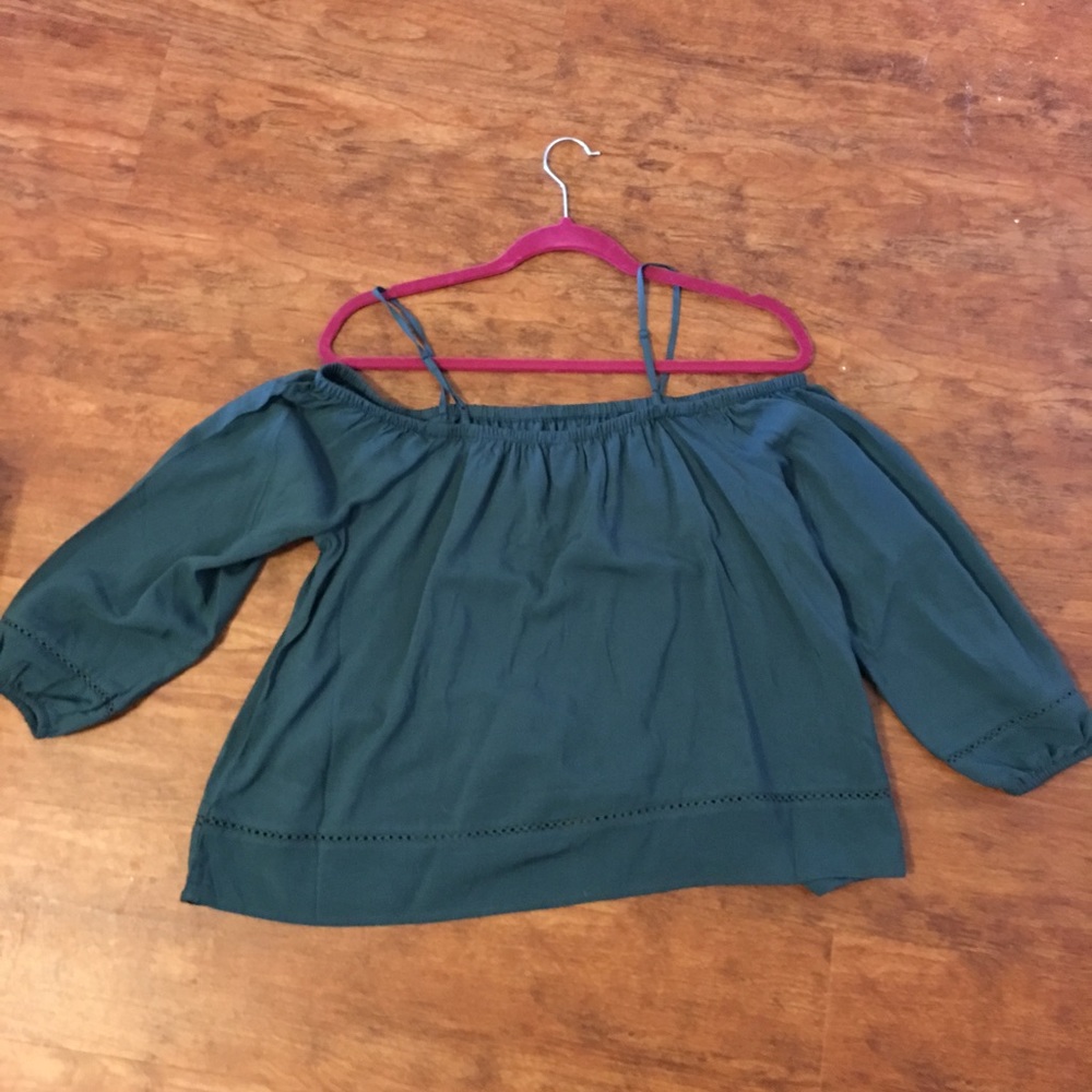 Flowy off the shoulder sleeves blouse. Dark teal