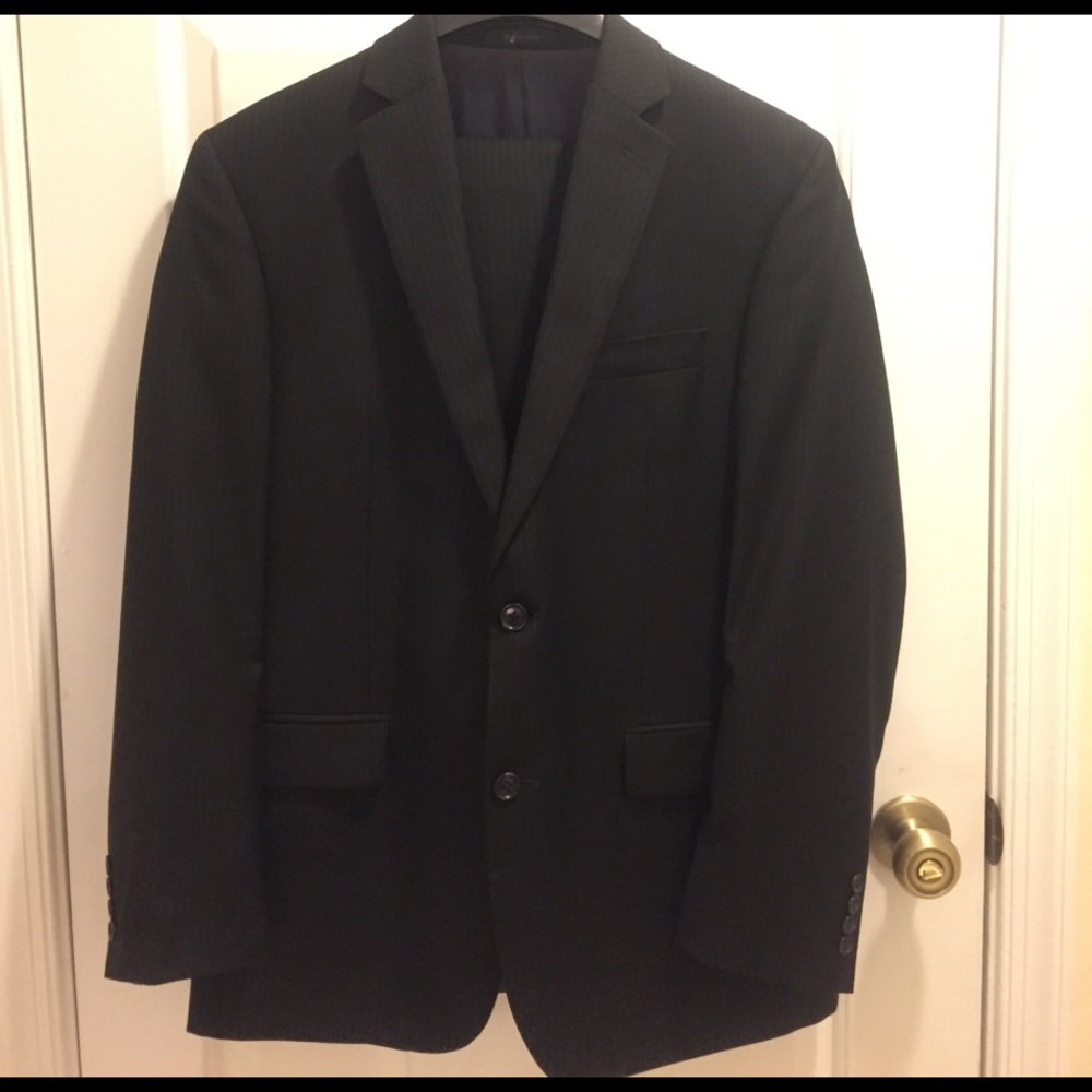 Calvin Klein Wool Suit, black w/ blue pin stripe
