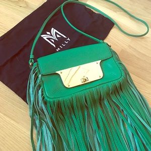 Milly Kelly Green fringe leather crossbody bag