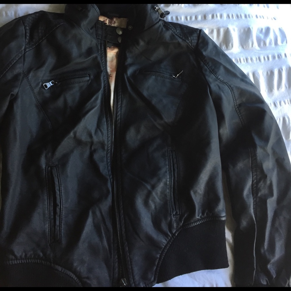 Black cropped faux leather jacket